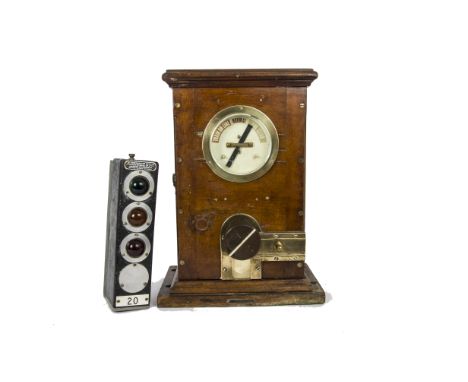 Pre-War Railway Signalman’s Train indicator, teak cased example with glazed dial and brass bezel above brass mounts and turn 