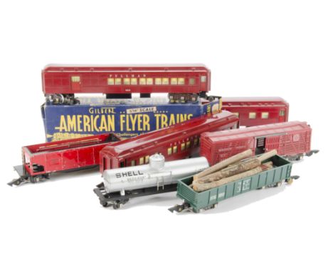 American S Gauge 2-rail Rolling Stock by American Flyer (Gilbert), all with early ‘hook’ couplers, including 3 red Pullman ca