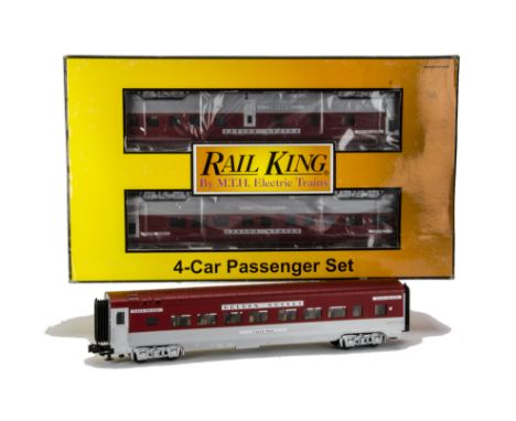 American 0 Gauge 3-rail 60’ Streamlined Coaching Stock by Rail-King (MTH), in Rock Island ‘Golden Rocket’ silver/red, compris