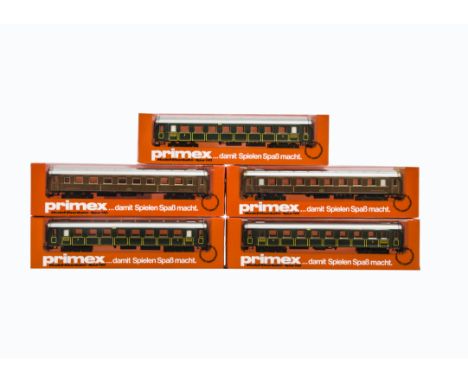 Märklin /Primex H0 Gauge 3-rail ‘Old-Time’ German Coaching Stock, of traditional tinplate construction, comprising three K Ba
