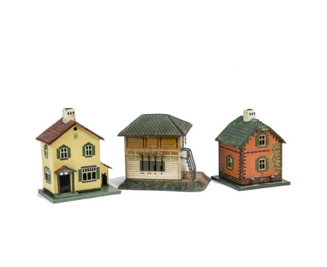 Three Bing 0 Gauge Buildings, Electric Signal Box with 4 power switches, in buff and brown with green roof, VG, an original e