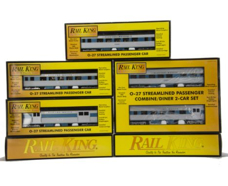 American 0 Gauge 3-rail Streamlined Coaching Stock by Rail-King (MTH), in Electro-Motive demonstration silver/blue/yellow, co