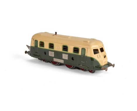 An 0 Gauge 3-rail Streamlined ‘4-4-4’ (or 2-B-2) Diesel Locomotive by JEP, in green/cream livery with mask-sprayed light gree