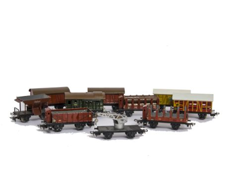 Early Märklin H0 Gauge 3-rail Freight Stock, including 382 banana van, 386 Rooster wagon, 372 Timber wagons with and without 