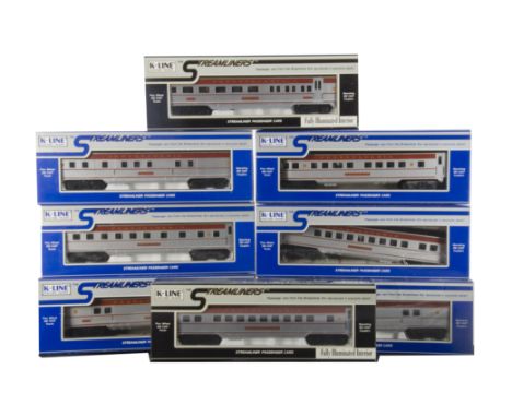 American 0 Gauge 3-rail Streamlined Coaching Stock by K-Line, a rake of 8 cars in Pennsylvania silver/red, in original boxes,