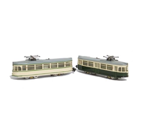 Two Hamo H0 Gauge Continental Bogie Tramcars, comprising motor car with pantograph in green/cream with black lining, together