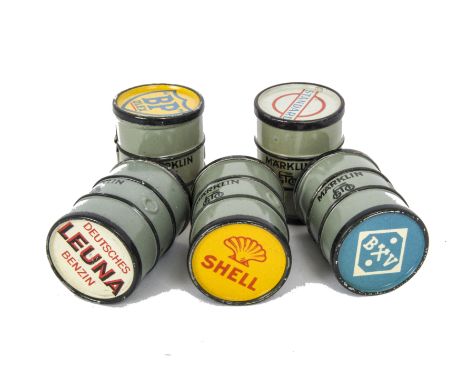 Märklin 0 Gauge Oil Barrels Set 2730G, five large oil drums, comprising Standard, BP Olex, Shell, BXV and Leuna, all G-VG, in