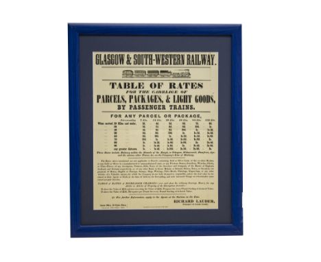 Glasgow and South Western Railway Notice, framed notice illustrating a ‘Table of Rates for the Carriage of Parcels, Packages,