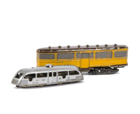 A Slush-Cast Lead Copenhagen Tram Trailer by Micro (Denmark) and a Clockwork H0 Gauge Railcar by Solido (France), the floor-t