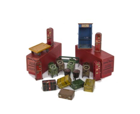Hornby 0 Gauge Platform Accessories, including nine station hoardings in two original boxes, five luggage pieces including ‘L
