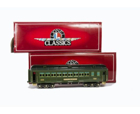 Modern Lionel Standard Gauge 3-rail 12-wheel Classic Coaches, in green with light green windows, comprising 1412 ‘California’