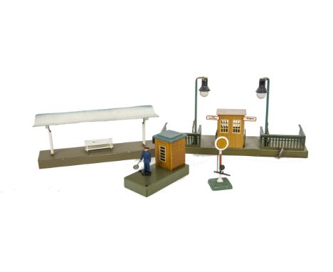 A Group of Märklin H0 Gauge Platform Accessories, all unboxed, including a German station entrance with wood-grain finished g