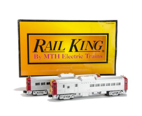 American 0 Gauge 3-rail RDC Budd Railcar Set by Rail-King (MTH), in Santa Fe silver with red cab ends, comprising powered and