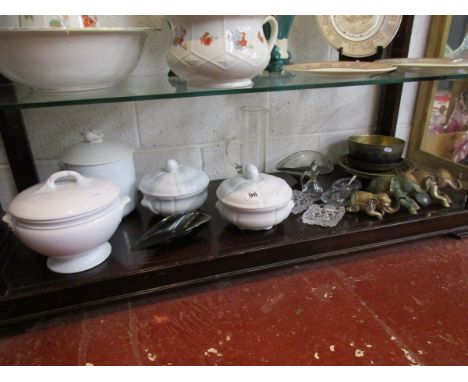 Shelf of china, glass and brass