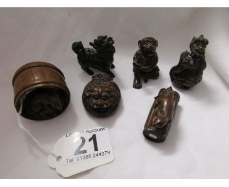 6 carved wooden Netsuke figures inlaid with mother-of-pearl makers label