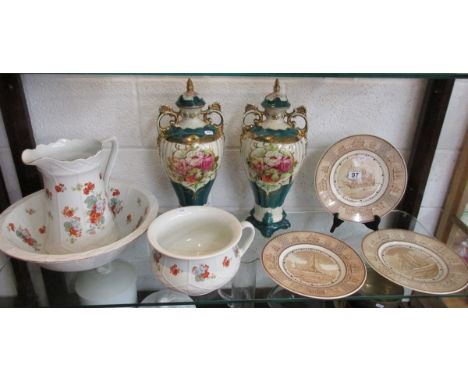 Shelf of china to include a Burleigh jug and bowl set, large pair of lidded vases A/F etc