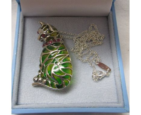 Silver & Plique a jour enamel cat with ruby collar & eyes