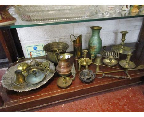 Shelf of brass and copper etc