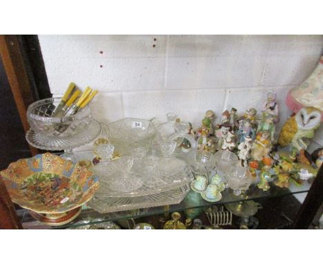 Shelf of collectables to include Shelley Melody Cruet set A/F, glassware,dressing table sets and china figures including Owls