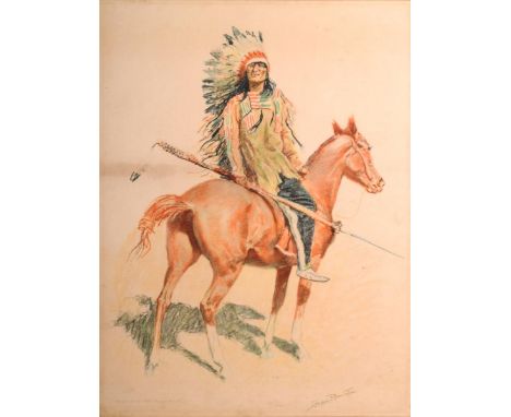 After Frederick Remington. A mounted Sioux Chief, colour lithograph, 51 x 38cm, framed and glazed.  Taken from the 1901 portf