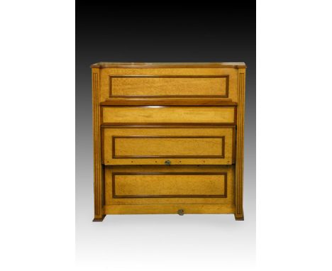 †  SOLENTE; A SHIPS PIANO CIRCA 1925 The birds-eye maple veneered case with walnut moulding enclosing a hinged key board 107c
