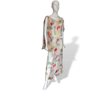 1930s silk chiffon floral dress with flutter sleeves. Has detachable sash, size 12 approx' measures 20 inches across bust and