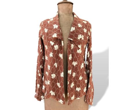 1930s brown and cream blouse/light jacket with long sleeves and pointed cuffs, a 30s short kimono with floral design and fig 