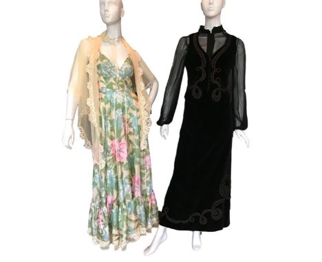 A 1970s Frank Usher floral maxi dress with lace cape,8.  A velvet 2 piece with blouse/waistcoat and a maxi skirt labelled "Fi