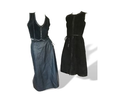 A black suede an snakeskin dress with popper front fastening,8. A reversible petrol blue leather and suede 2 piece,8. A "Frii