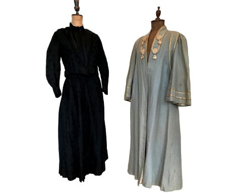 Edwardian wool wide sleeve lined driving coat around a size 10/12 together with a black silk 2 piece skirt and bodice. Also a