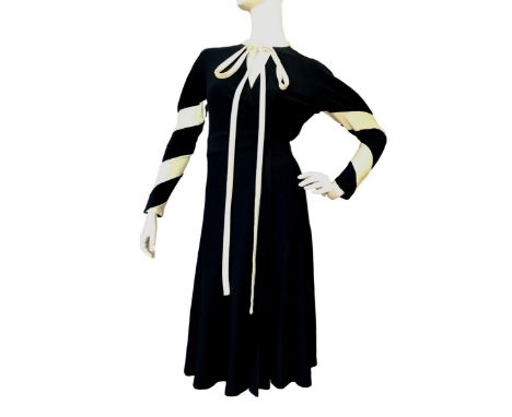 Ossie Clark wool crepe "Heavenly Twins" navy blue & cream dress, A Version of this dress was worn by Celia Birtwell for the H