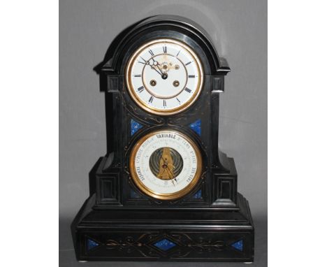 Uhr. Kamin - Pendule. Massive Uhr mit rundem Emaille - Zifferblatt und römischen Zahlenkreis darunter ein rundes Barometer mi