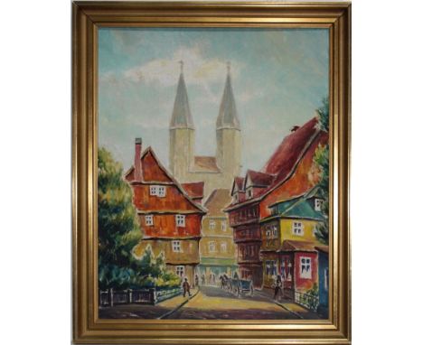 (Sander, Friedrich – August). (Braunschweig – Sonnenstraße / Echternstraße mit Blick auf die Martinikirche). Ölgemälde auf Ma