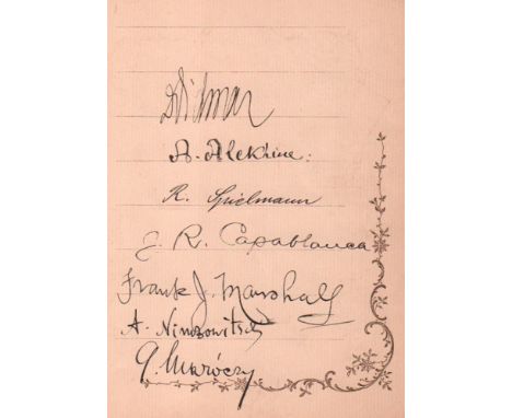 Schachmeister. Autographenblatt mit 7 eigenhändigen Unterschriften von Schachmeistern und ehemaligen Weltmeistern aus den 192