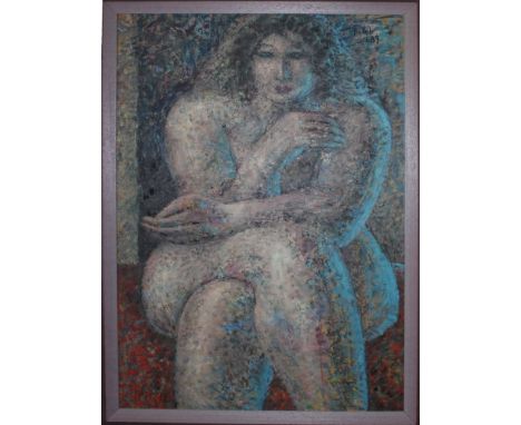 Orlob, Bernward. (Frauenakt mit verschränkten Armen). Öl / Acrylmalerei (Mischtechnik) auf Hartfaserplatte. In der oberen rec