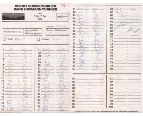Karpow - Knaak. Handschriftliches Spielerprotokoll der Partie Karpow - Knaak vom 15.12.1992 aus der X. Runde beim Credit Suis