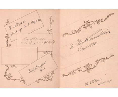 Schlechter, Carl, Jacques Mieses und Philip W. Sergeant. Autographenblatt mit 5 eigenhändigen Unterschriften von Schachmeiste