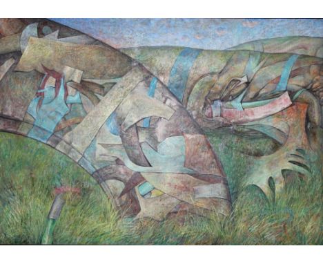 Orlob, Bernward. (Abstrakte Landschaft mit amorphen Formen). Öl / Acrylmalerei (Mischtechnik) auf Hartfaserplatte. Im unteren