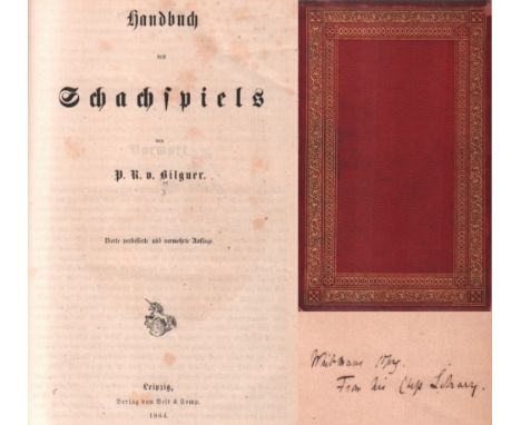 Bilguer, P(aul) R(udolph) v. Handbuch des Schachspiels. 4. verbesserte und vermehrte Auflage. Leipzig, Veit, 1864. 4°. Mit 1 