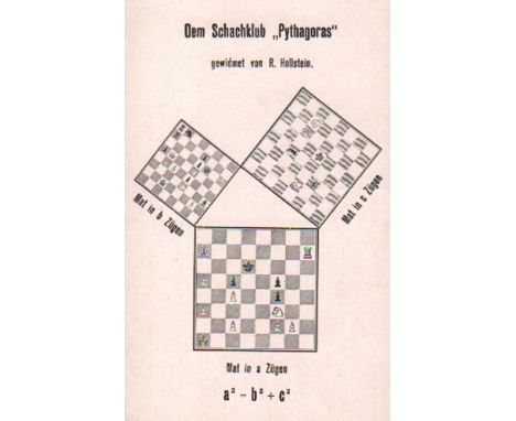 Postkarte. Pythagoras. Schwarzweiße, postalisch nicht gelaufene Postkarte mit Schachmotiv, Berlin 1908. Größe der Karte 14 x 