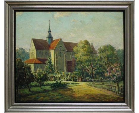 Sander, Friedrich - August. (Braunschweig - die Klosterkirche in Riddagshausen). Ölgemälde auf Malpappe. Signiert unten links