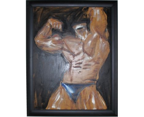 Orlob, Bernward. (Bodybuilder). Öl / Acrylmalerei (Mischtechnik) auf Hartfaserplatte. Unten links unauffällig signiert und da