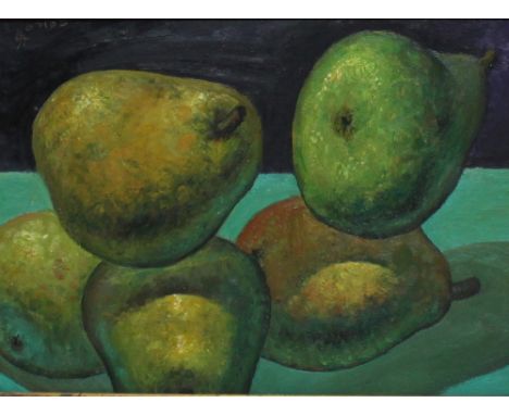 Orlob, Bernward. (Stillleben mit Birnen). Öl / Acrylmalerei (Mischtechnik) auf Hartfaserplatte. Oben links am Rand signiert u