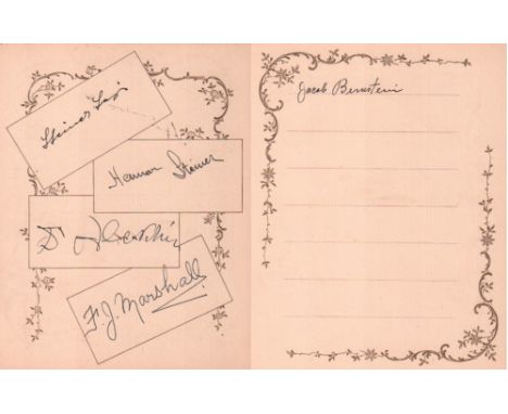 Aljechin, Alexander, Frank J. Marshall, Lajos Steiner und Herman Steiner. Autographenblatt mit den eigenhändigen Unterschrift