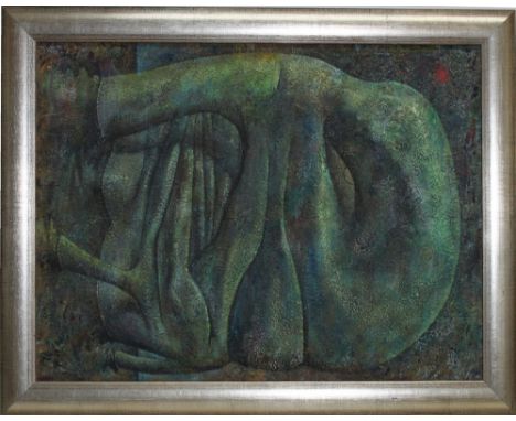Orlob, Bernward. (Abstrakte Darstellung einer amorphen Form). Öl / Acrylmalerei (Mischtechnik) auf Hartfaserplatte. Unten rec