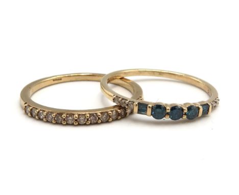 A pair of 9ct yellow gold blue and white diamond stacking rings, head size approx 20mm x 2mm, size R/S