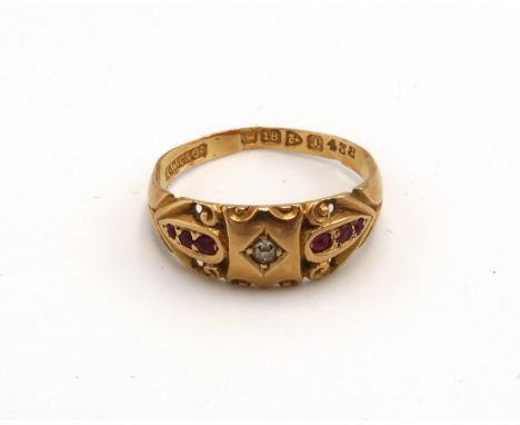 An Edwardian 18ct gold ruby and diamond dress ring. Hallmarked Chester 1901. Size N 1/2. Weight 2.71 grams