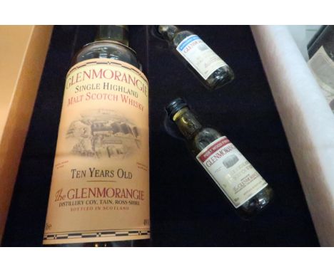 A boxed presentation case of Glenmorangie, 70cl single malt whiskey, 10 years old, and two 5cl miniature Glenmorangie whiskey