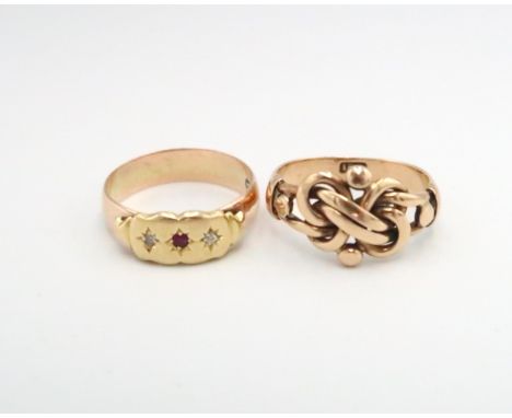 A knot ring stamped 15c size V. Weight 6.66 grams. A 9ct old old cut diamond and ruby dress ring, size T. Weight 4.69 grams.
