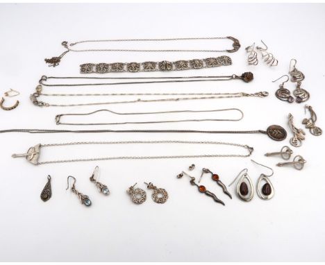 A group of vintage and later silver jewellery including a quatrafoil link bracelet, pair of amber drop earrings, St Christoph